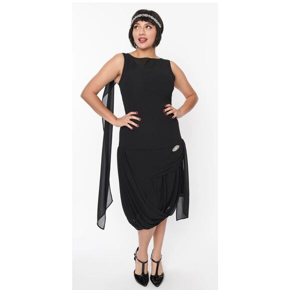 Unique Vintage 1920s Black Draped Chiffon Flapper Dress 3X 20 NWOT - Picture 1 of 4